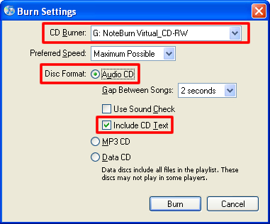 set noteburner virtual cd-RW as default burner