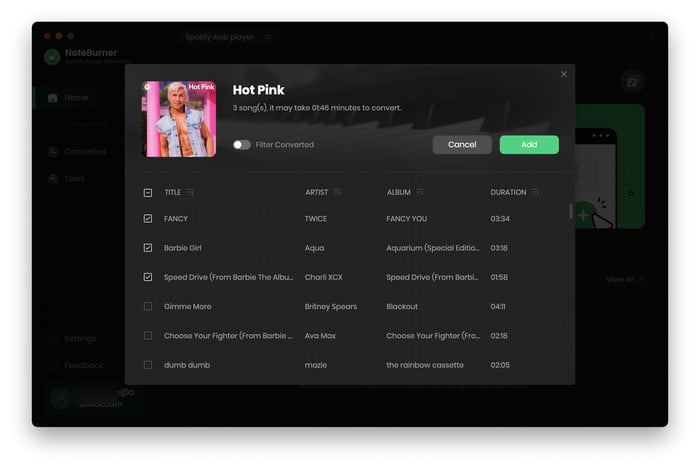 add spotify music for converting to mp3 player