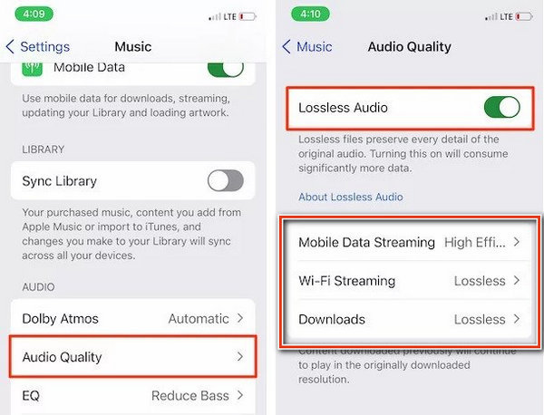 change apple music lossless setting on phone