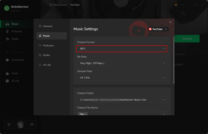 choose mp3 for youtube