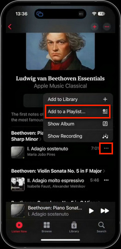 add apple music classical song to library
