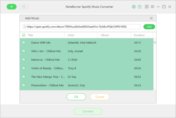 Add Top 100 Relaxation Music to NoteBurner