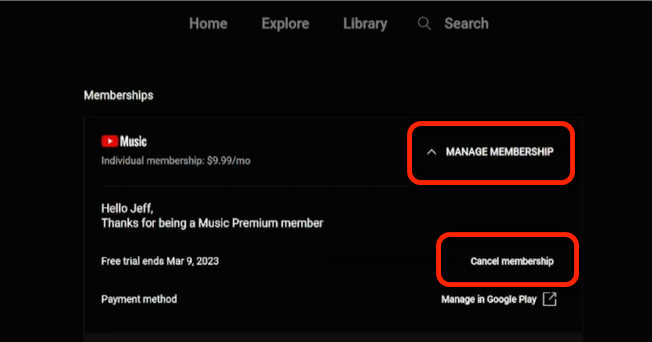cancel youtube music premium on web