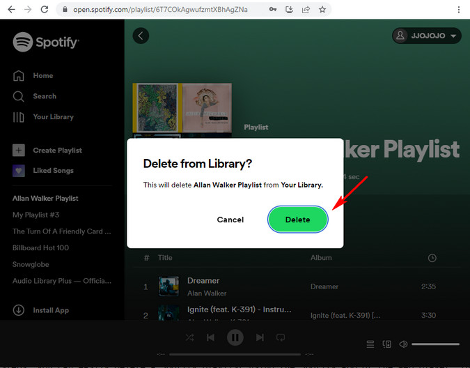 confirm deleting a spotify playlist web