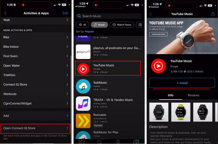 download youtube music app to garmin watch