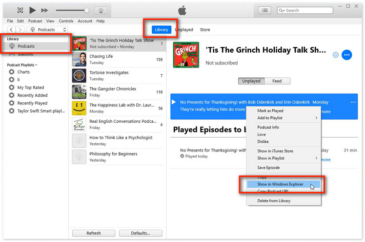 find downloaded podcasts on itunes