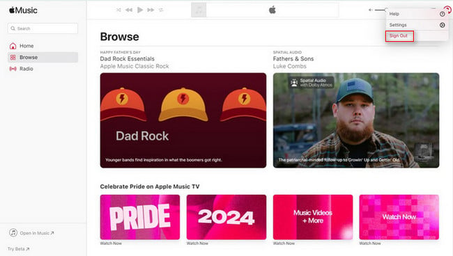 log out of Apple Music on the Web Browser