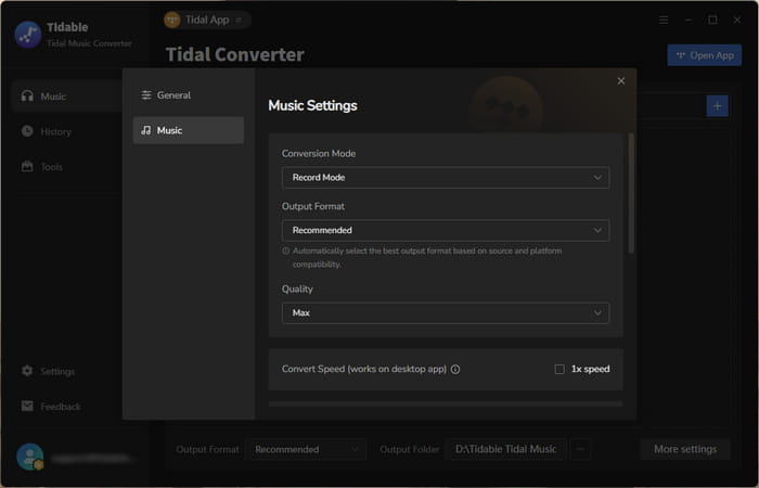 choose output settings for tidal music