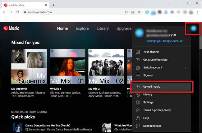 upload music to youtube music on web browser