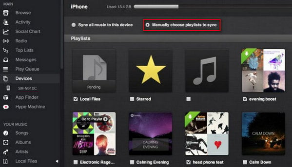 choose playlists or tracks to sync