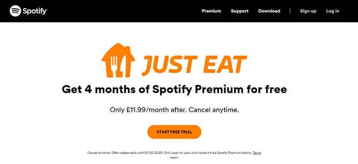spotify premium free trial 3 months on just eat