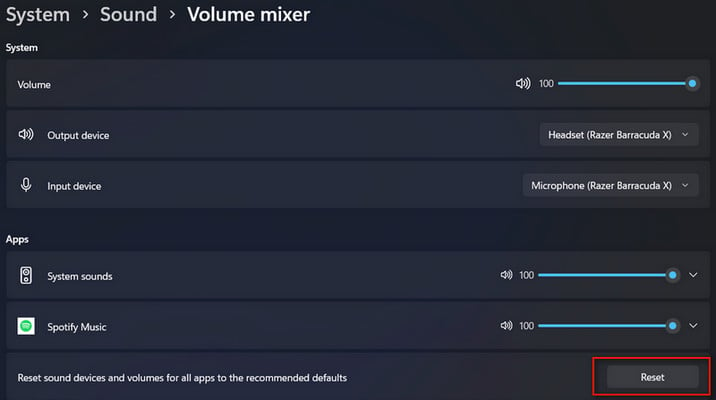 Reset Volume Mixer for spotify to fix no sound