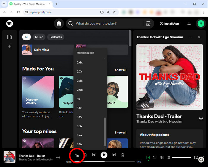 change spotify playback speed on web player