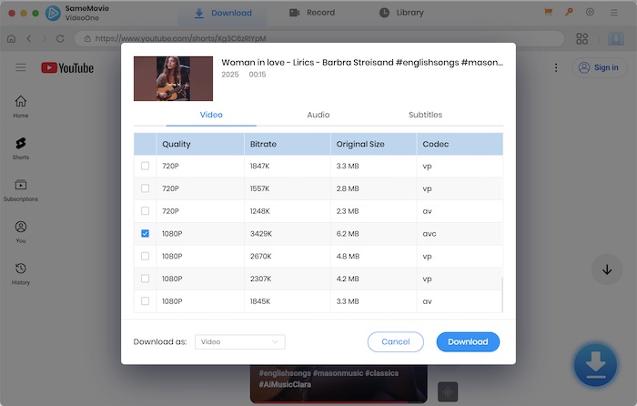 choose output settings for shorts