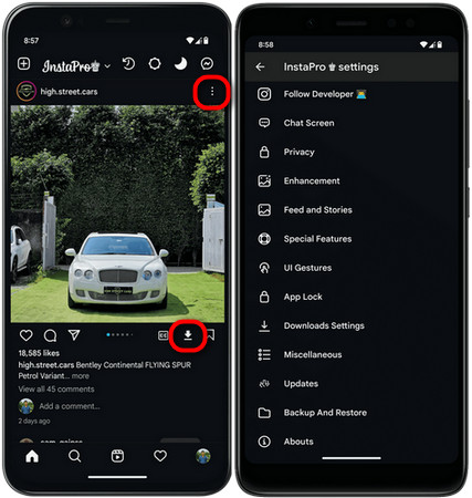Instapro download instagram video on android