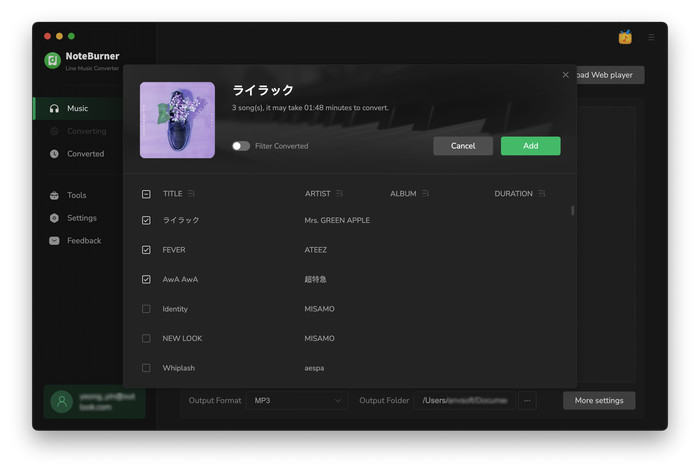 add Line Music songs to NoteBurner