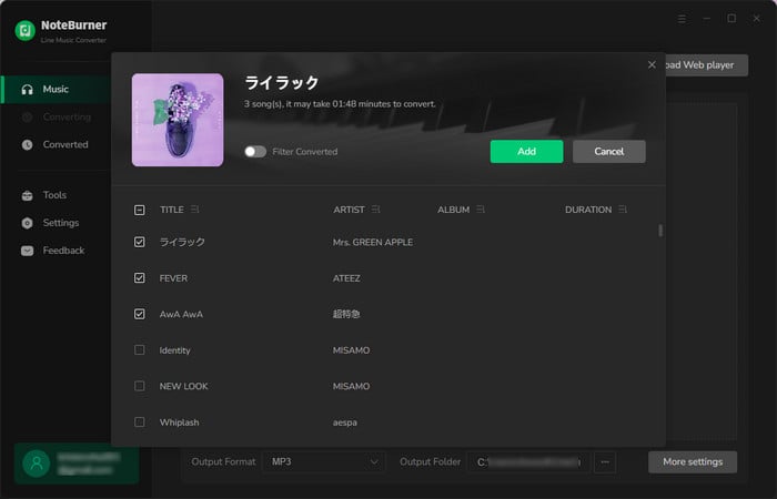 add Line Music songs to NoteBurner