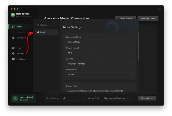 choose output setting on noteburner