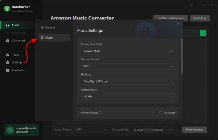 select output setting for amazon music