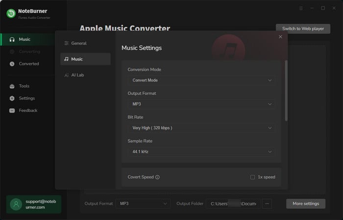 choose output setting on noteburner