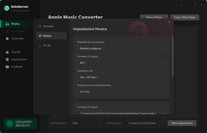 imposta formato di output mp3