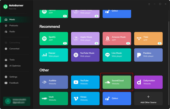 Choose SoundCoud on NoteBurner