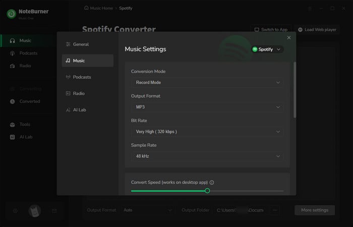 choose output settings for streaming song