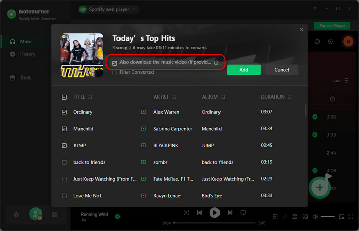 add spotify video playlist to noteburner