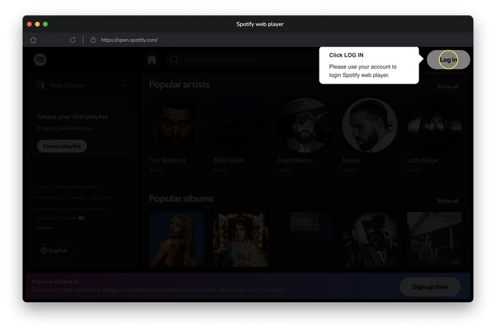 log in spotify music web player